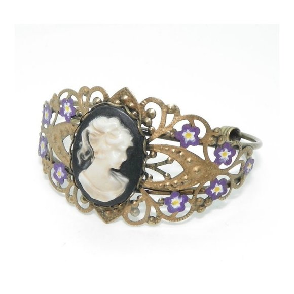 Vintage Jewelry - Artisan Made Brass Filigree Cameo Cuff Bracelet